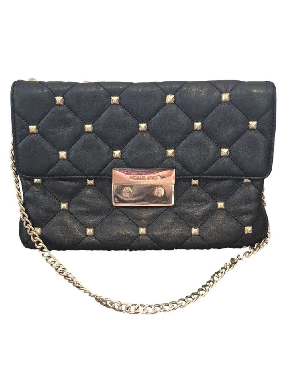 Michael Kors Black Quilted Leather Shoulder Bag Purse Gold Studs Chain Strap
